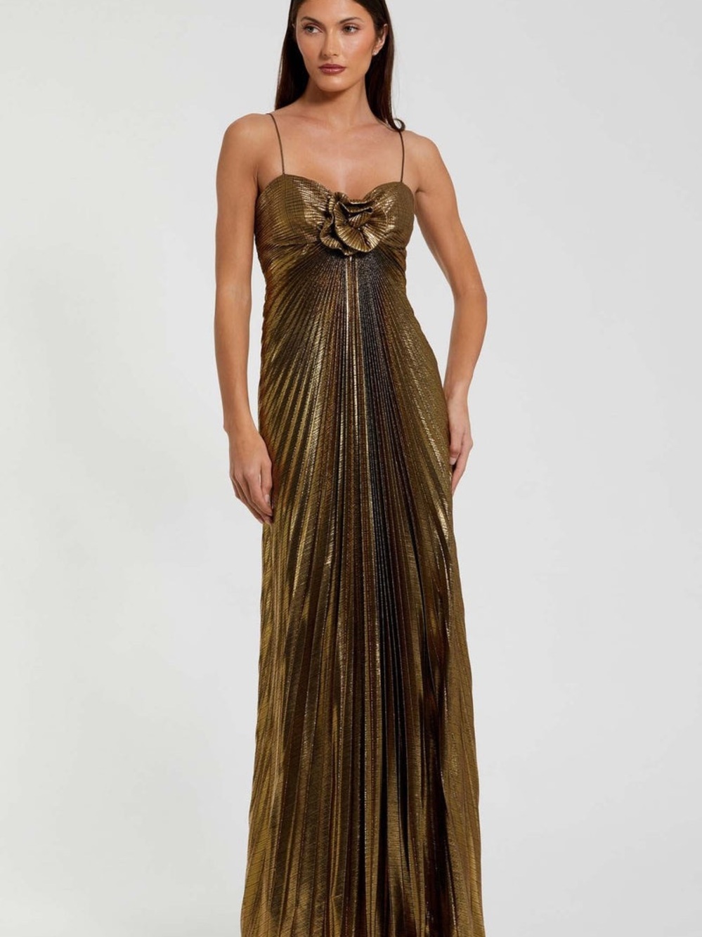 Mac Duggal Metallic Gold Pleated Gown with 3D Flower Maxi Dress Size 12